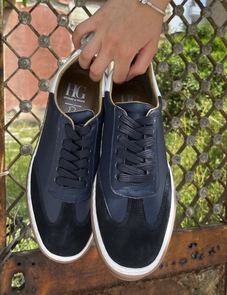 Ανδρικά μπλε δερμάτινα Sneakers με suede λεπτομέρεια HG177817 φωτογραφία